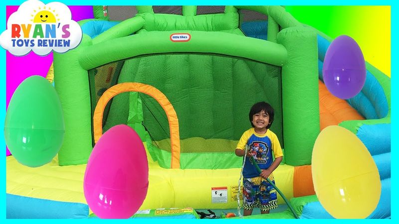 HUGE EGGS Surprise Toys Challenge with Inflatable water slide
