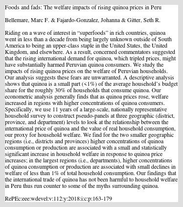 Foods and fads: The welfare impacts of rising quinoa prices in Peru, by Bellemare, Marc F.; Fajardo-Gonzalez, Johanna; Gitter, Seth R.