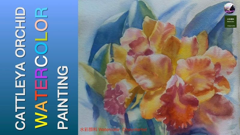 EP:42 การวาดสีน้ำดอกกล้วยไม้สีส้มโดยใช้ 7 เทคนิค How to paint Cattleya orchid in 7 steps