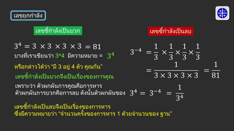 Stay With Math] เลขยกกำลัง (ตอนที่ 2)  คราวที่แล้วเราคุยกันถึงเรื่องทั่วไปเกี่ยวกับเลขยกกำลัง,ความหมายของเลขยกกำลัง  และ เลขชี้กำลังเป็นบวก และ เป็นลบ วันนี้เราจะมาคุยกันต่อครับ