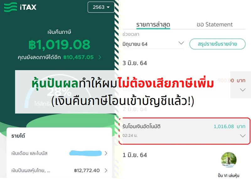 ปั้น Vi เล่นหุ้น] หุ้นปันผลทำให้ผมไม่ต้องเสียภาษีเพิ่ม (เงินคืนภาษีโอนเข้าบัญชีแล้ว!)  หลังจากผมได้ใช้แอปมือถือ ชื่อว่า Itax ลองคำนวณภาษีปี 63 โดยใช้เงินปันผลหุ้น  ลดหย่อนเพิ่ม เมื่อเดือน เมษายน ปรากฏว่าจากเดิมต้องเสียภา