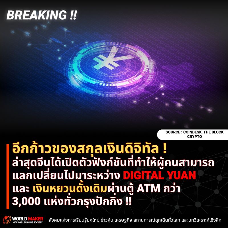 World Maker] Breaking !! : อีกก้าวของสกุลเงินดิจิทัล ! ล่าสุดจีนได้เปิดตัวฟังก์ชันที่ทำให้ผู้คนสามารถแลกเปลี่ยนไปมาระหว่าง  Digital Yuan และเงินหยวนดั้งเดิมผ่านตู้ Atm กว่า 3,000 แห่ง !!  ข่าวนี้ถือเป็นอีกก้าวหนึ่งข