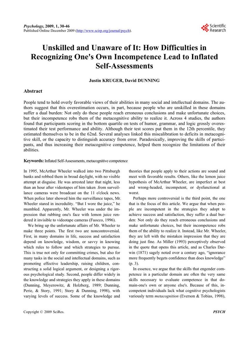 (PDF) Unskilled and Unaware of It: How Difficulties in Recognizing One’s Own Incompetence Lead to Inflated Self-Assessments