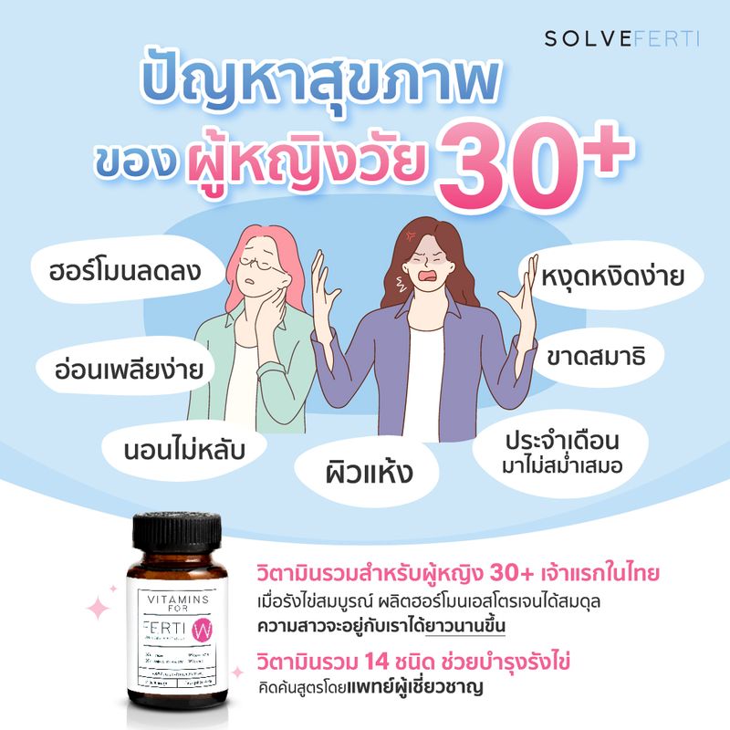 Solvegroup] 30+ไม่อยากแก่ก่อนวัย บำรุงรังไข่ ด้วย Ferti W  วิตามินรวมสำหรับผู้หญิง เจ้าแรกในไทย! ที่คิดค้นสูตรโดยแพทย์ผู้เชี่ยวชาญ  Ferti W วิตามิน และสารสกัดรวม 14  ชนิดที่จะช่วยชะลอการเสื่อมของรังไข่ให้ช้าลง และช่
