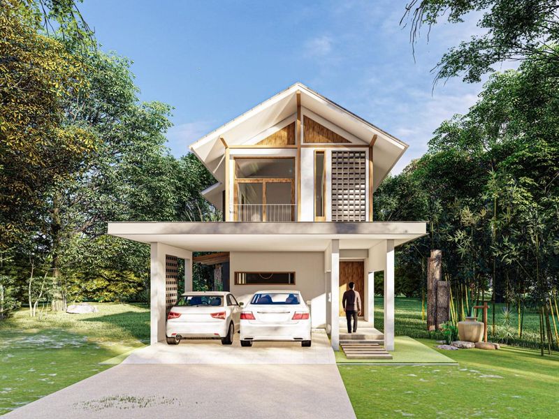 แบบบ้านสองชั้นหลังคาทรงจั่ว ภายในตกเเต่งด้วยสไตล์มินิมอล ฟังก์ชั่นการใช้งานครบครัน - แบบบ้านร้อยเเปด