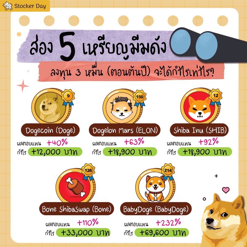 [Stocker Day] ส่อง 5 เหรียญมีมดัง ลงทุน 3 หมื่น (ตอนต้นปี) จะได้กำไร