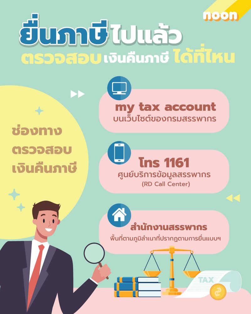 Noon แหล่งความรู้เรื่องประกัน และการเงิน] ยื่นภาษีไปแล้ว ตรวจสอบเงินคืนภาษีได้ที่ไหน🕵💵✋  . สำหรับปีภาษี 65 เราสามารถยื่นภาษีออนไลน์ ได้ถึงวันที่ 10 เมษายน 66  แต่ถ้าใครที่ยื่นไปแล้ว และได้ภาษีคืน ก็สามารถตรวจสอบได้ทั้งหมด 3 ช่องทาง  ตามนี้เลย