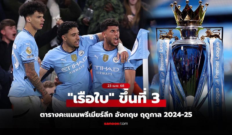 ตารางคะแนนพรีเมียร์ลีกอังกฤษ ฤดูกาล 2024-25 ประจำวันที่ 23 เม.ย. 68