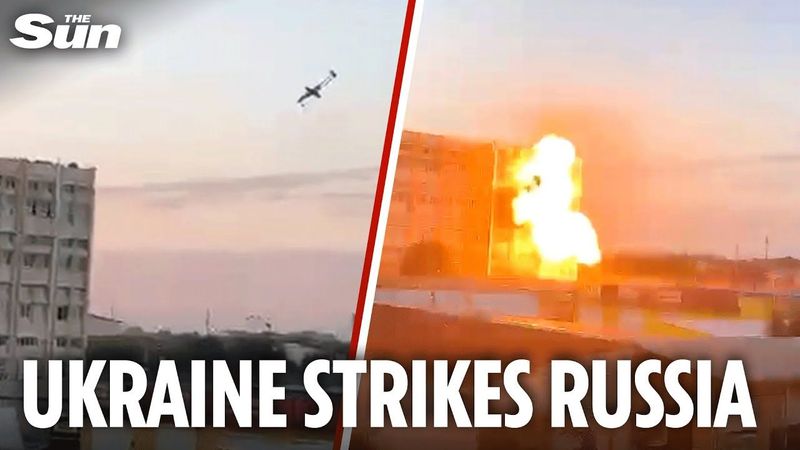 Moment Ukraine kamikaze drone strikes Russian military factory sparking huge fireball