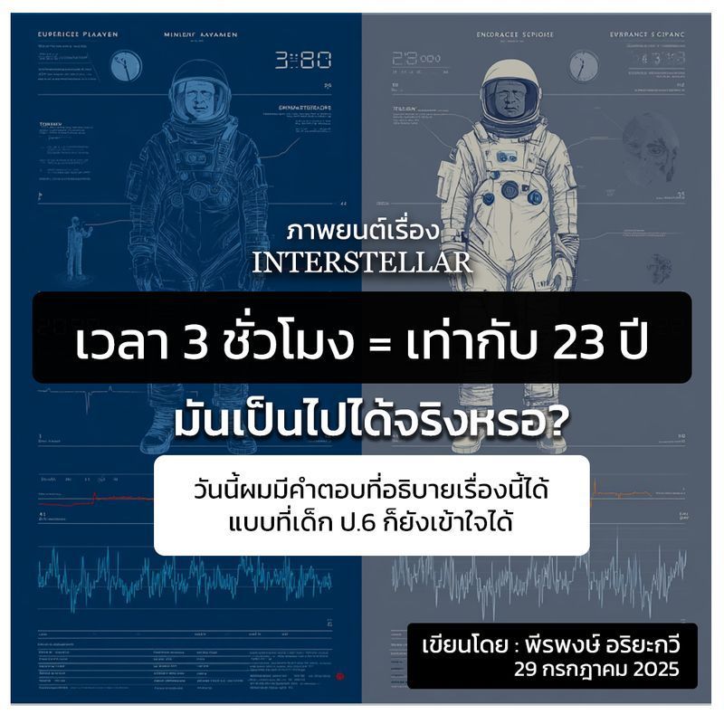 [Peerapong Ariyakawee] เรื่องเวลาของไอน์สไตน์ที่ไม่มีใครเข้าใจ ผมอธิบายได้แล้วครับ (รวมถึงฉาก 3 ชม. = 23 ปี ด้วย)
วันนี้เป็นวันนึงที่ผมค้นพบบางอย่าง ที่ผมก็ไม่รู้นะครับว่ามีใครคิดแบบนี้มาก่อนไหม หรือว่าความคิดของผมจะก่อเกิด