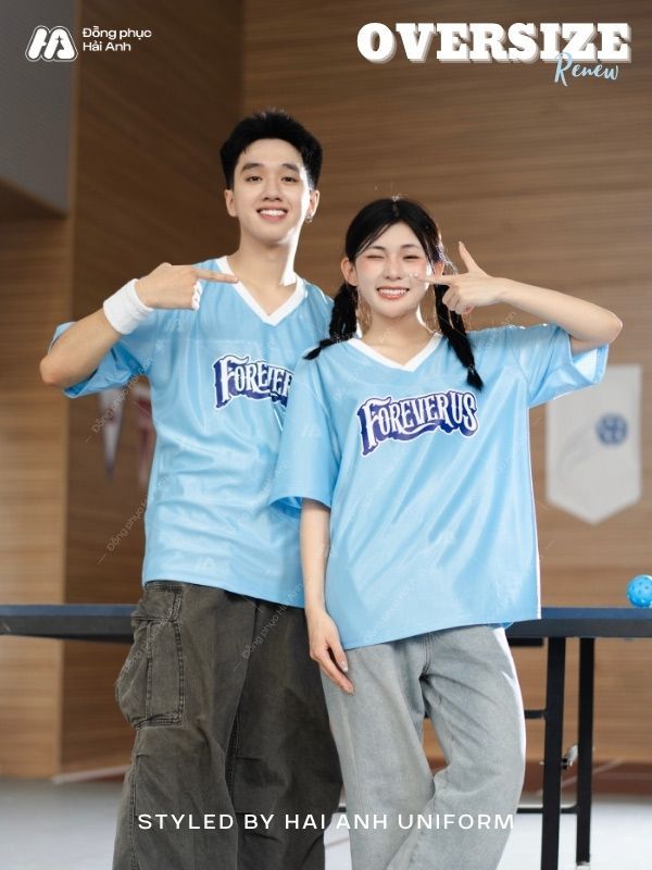 Mẫu Áo Thun Đồng Phục Lớp Oversize Cổ Tim Màu Xanh Da Trời