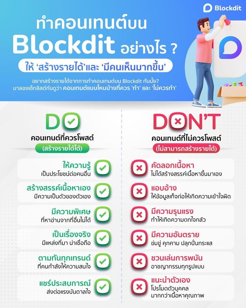 [Blockdit] ทำคอนเทนต์บน Blockdit อย่างไรให้ ‘สร้างรายได้’ และ ‘มีคนเห็นมากขึ้น’
อยากสร้างรายได้จากการทำคอนเทนต์บน Blockdit กันมั้ย?
มาลองเช็กกันดูว่าคอนเทนต์แบบไหนบ้างที่ควร ‘ทำ’ และ ‘ไม่ควรทำ’