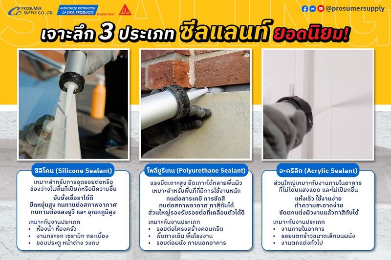 เลือกซีลแลนท์: ซิลิโคน, โพลียูรีเทน, อะคริลิก