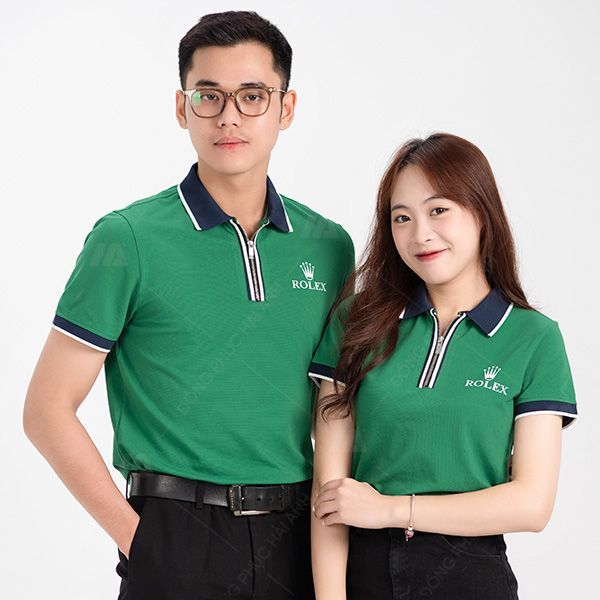Mẫu Áo Đồng Phục Công Ty Màu Xanh Nẹp Cổ Kéo Khóa Rolex