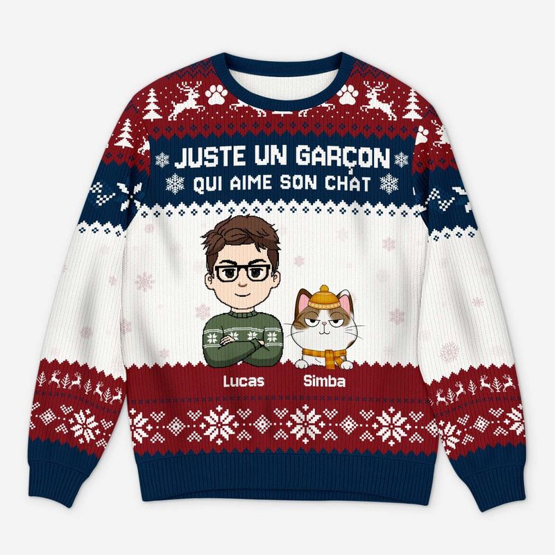 Pull De Noël Personnalisé - Fille Qui Aime Son Chat