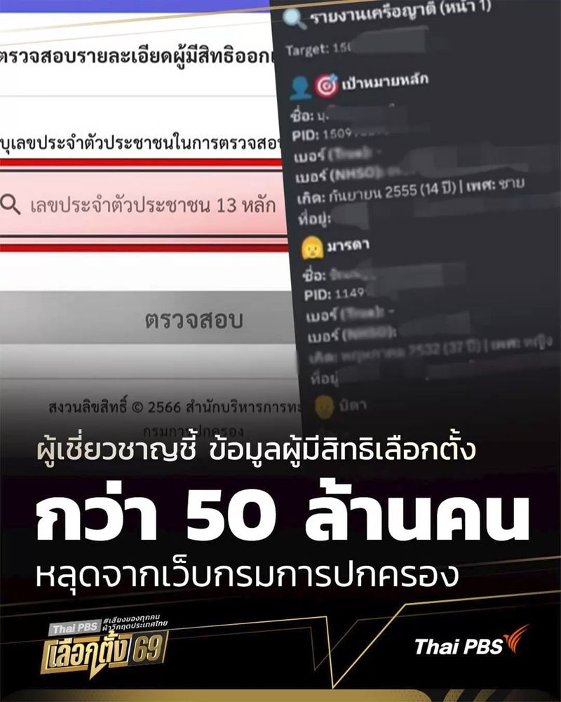 35K views · 1K reactions | ผู้เชี่ยวชาญด้านบล็อกเชน ยืนยันกับไทยพีบีเอส กรณีข้อมูลผู้ใช้สิทธิเลือกตั้งหลุด เป็นข้อมูลที่หลุดจากเว็บไซต์เช็กรายชื่อผู้มีสิทธิเลือกตั้งของ “กรมการปกครอง” และพบว่ามีข้อมูลผู้ใช้สิทธิ กว่า 52.9 ล้านคน หลุดออกไป เผยแพร่อยู่ในโปรแกรมแชท Discord 🗳 แม้ #เลือกตั้ง69 จะจบแล้ว แต่ยังสามารถลองจับขั้วรัฐบาล ได้ที่ www.thaipbs.or.th/Election69
#เลือกตั้ง2569 #Election69 #ThaiPBS #ข่าวค่ำ | Thai PBS