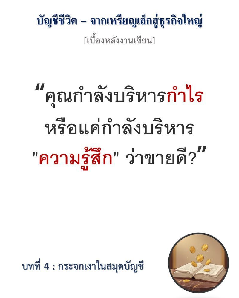 [มุมนิยายธุรกิจ] [เบื้องหลังงานเขียน — บทที่ 4: กระจกเงาในสมุดบัญชี]
”ตัวเลขไม่เคยหลอกใคร มีแต่คนที่หลอกตัวเองผ่านตัวเลข”