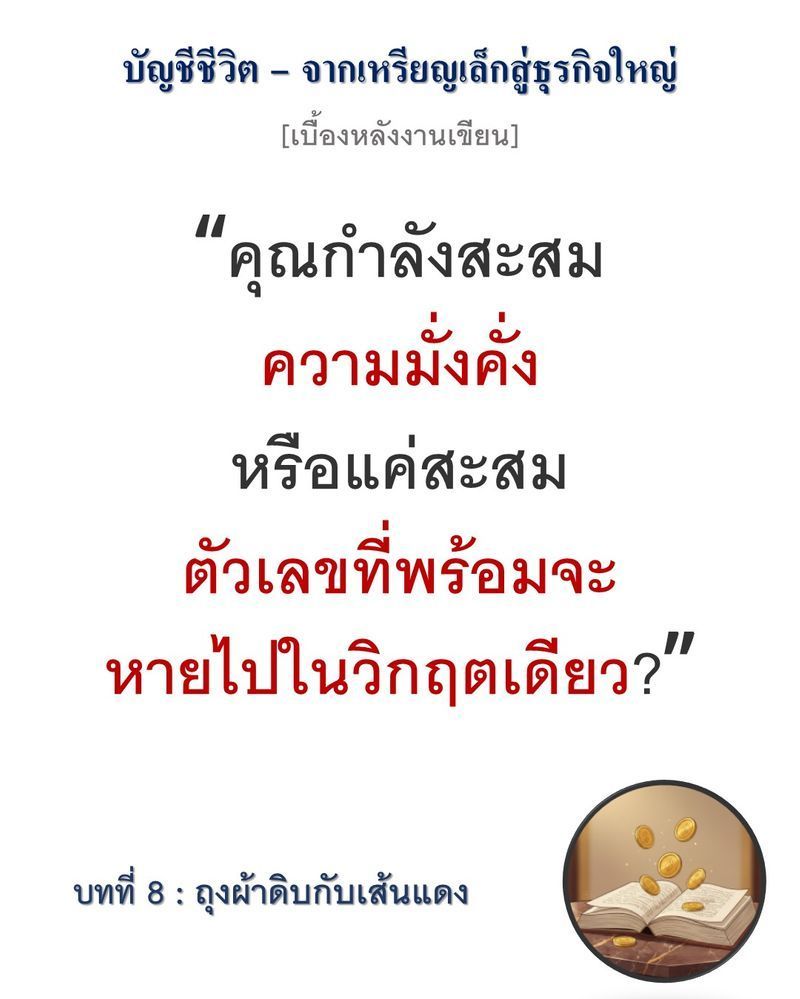 [มุมนิยายธุรกิจ] [เบื้องหลังงานเขียน — บทที่ 8: ถุงผ้าดิบกับเส้นแดง]
”การมีเงินสดล้นมือแต่จัดระเบียบไม่เป็น ก็ไม่ต่างอะไรกับการกักเก็บน้ำไว้ในตะกร้าที่รั่วซึม”
