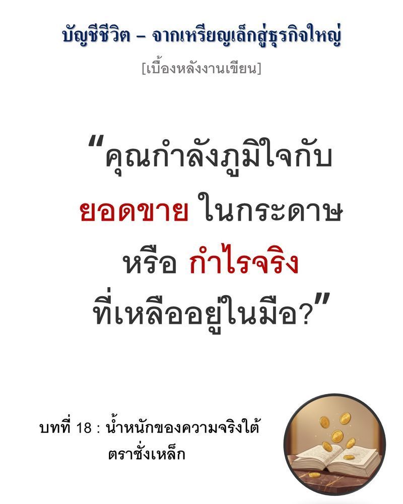 [มุมนิยายธุรกิจ] [เบื้องหลังงานเขียน — บทที่ 18: น้ำหนักของความจริงใต้ตราชั่งเหล็ก]
“ธุรกิจไม่ได้ขาดทุนเพราะยอดขายตกเสมอไป แต่ขาดทุนเพราะความจริงที่ถูกซุกไว้ใต้พรมในสมุดบัญชี”