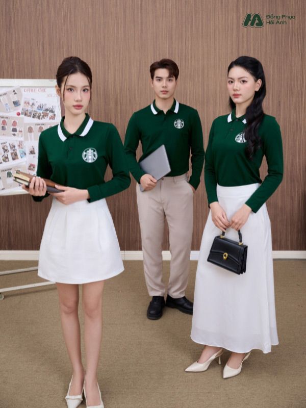 Mẫu Áo Polo Đồng Phục Công Ty Dài Tay Starbucks Màu Ve Chai