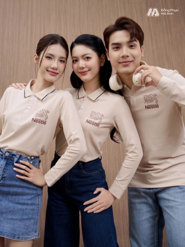 Mẫu Áo Polo Đồng Phục Công Ty Dài Tay Nestle Màu Be