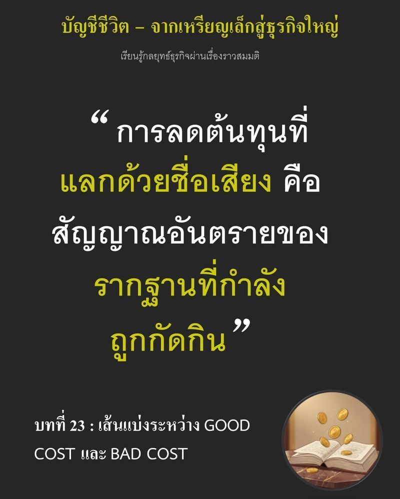 [มุมนิยายธุรกิจ] บทที่ 23 : เส้นแบ่งระหว่าง GOOD COST และ BAD COST — ฟืนไม้สนราคาถูกแลกกับกำไรที่พุ่งสูงในบัญชี...
แต่คราบยางไม้สีดำที่เกาะหนาบนเตาอิฐกำลังกัดกร่อนชื่อเสียงที่ร้านสร้างมาสิบปี เหตุการณ์ครั้งนี้ไม่ใช่แค