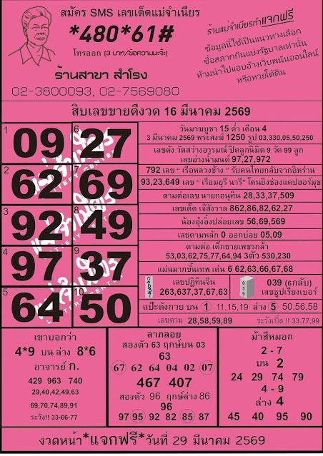 เปิดโผ 10 อันดับเลขขายดี หวยแม่จำเนียร งวด 16 มี.ค. 2569 รวมเลขดังใบชมพู