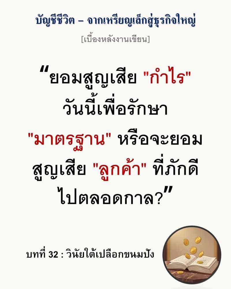 [มุมนิยายธุรกิจ] [เบื้องหลังงานเขียน — บทที่ 32: วินัยใต้เปลือกขนมปัง]
”การลดมาตรฐานเพื่อรักษา Bottom Line ในวันที่วิกฤต คือจุดเริ่มต้นของการทำลายธุรกิจอย่างช้าๆ”...
กำไรที่เพิ่มขึ้นเพียงไม่กี่เซนต์จากการลดคุณภาพ อาจเ