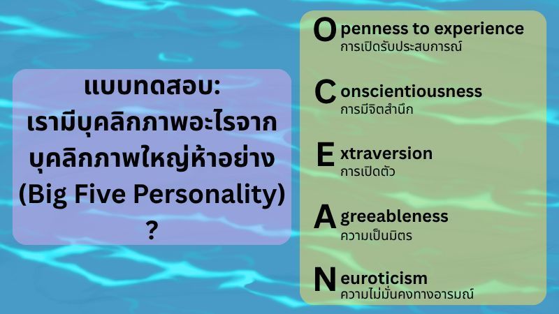 [จิตวิทยา E+] แบบทดสอบ: เรามีบุคลิกภาพอะไรจาก ”บุคลิกภาพใหญ่ห้าอย่าง” (Big Five Personality)?
รายละเอียดเชิงเทคนิคเพิ่มเติมเกี่ยวกับ ”บุคลิกภาพใหญ่ห้าอย่าง” สามารถดูได้ตามลิงก์ด้านล่างนี้