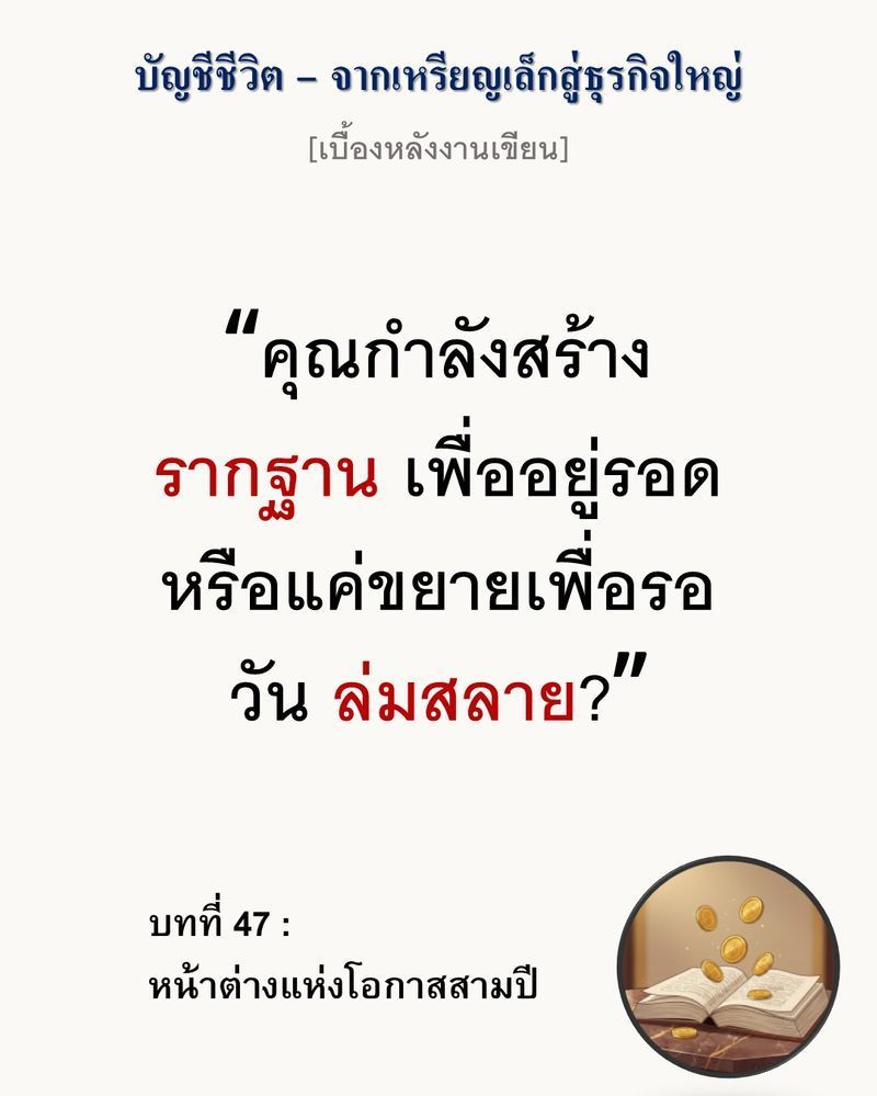 [มุมนิยายธุรกิจ] [เบื้องหลังงานเขียน — บทที่ 47: หน้าต่างแห่งโอกาสสามปี]
“อย่าขยายธุรกิจเพียงเพราะอยากรวยเร็ว แต่จงขยายเพื่อวางรากฐานก่อนที่ยักษ์ใหญ่จะเข้ามาช่วงชิงตลาดจนคุณไร้ที่ยืน”
