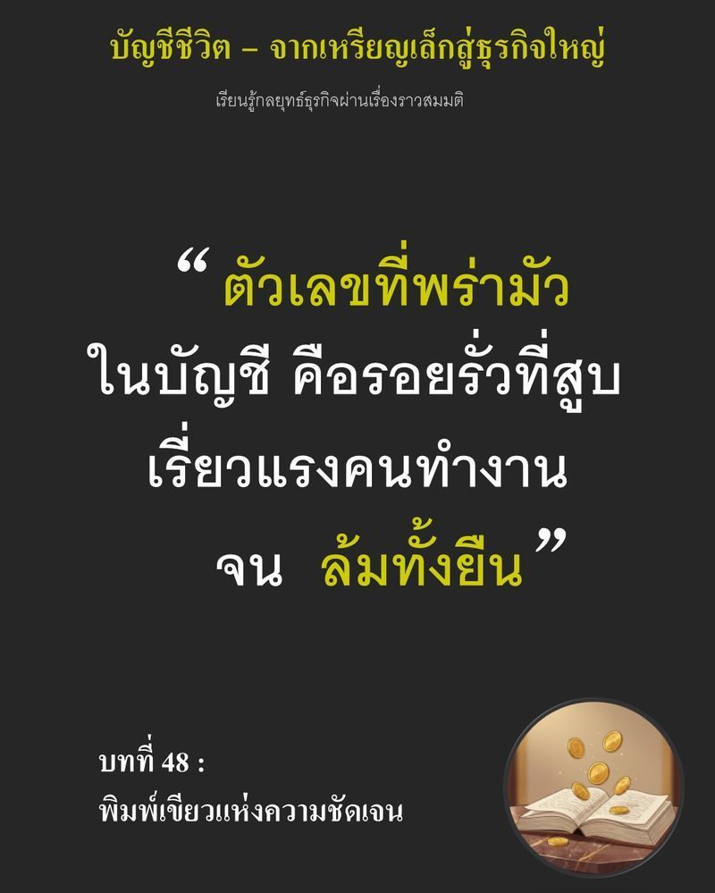 [มุมนิยายธุรกิจ] บทที่ 48 : พิมพ์เขียวแห่งความชัดเจน — ยอดผลิตพุ่งแต่เงินในกระเป๋าเท่าเดิม...
ความพ่ายแพ้ที่เจ็บปวดที่สุดของเจ้าของกิจการ คือการทำงานหนักเพื่อมาอุดรูรั่วที่ตัวเองมองไม่เห็น หากวันนี้คุณยังแยก ”กระแสเงิ