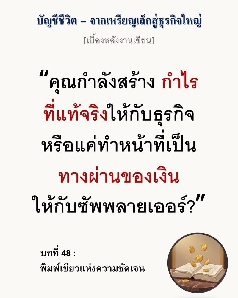 [มุมนิยายธุรกิจ] [เบื้องหลังงานเขียน — บทที่ 48: พิมพ์เขียวแห่งความชัดเจน]
”การขยายธุรกิจโดยไม่มีระบบบัญชีที่แม่นยำ ไม่ใช่การเติบโต แต่คือการสร้างภาระที่มองไม่เห็น”