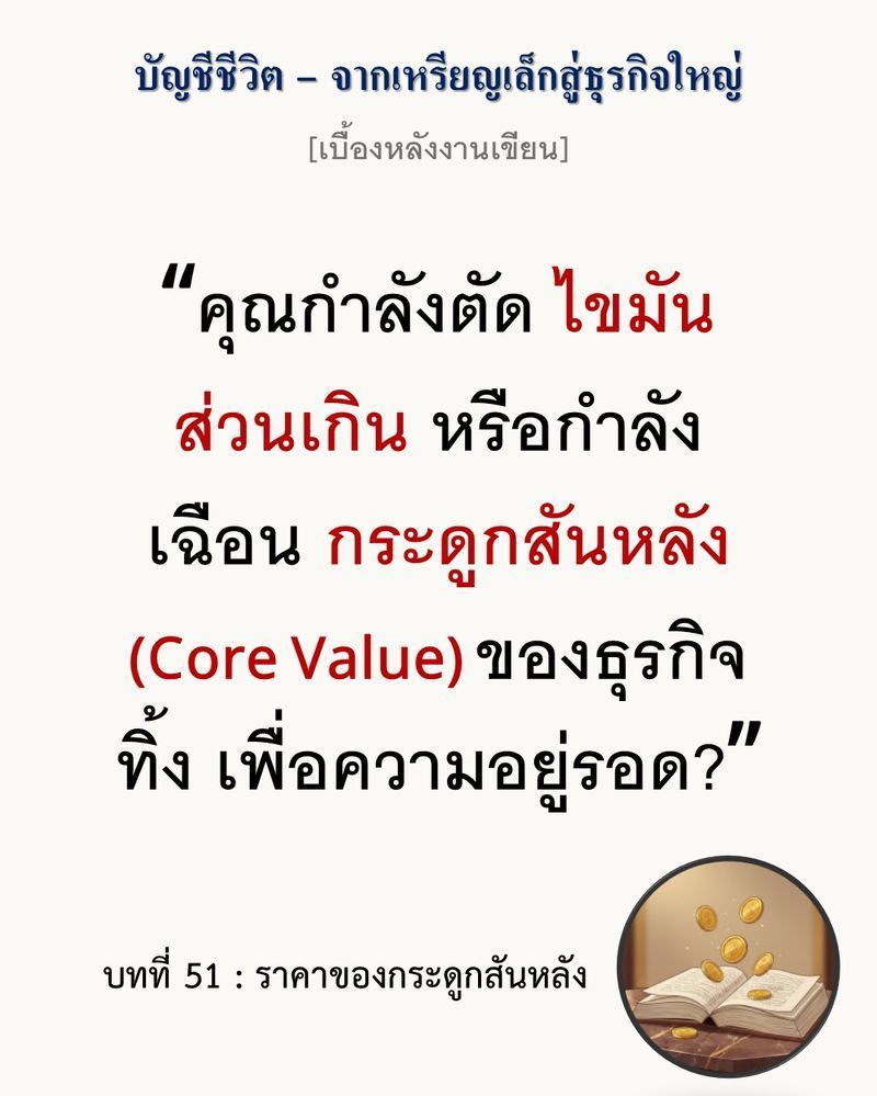 [มุมนิยายธุรกิจ] [เบื้องหลังงานเขียน — บทที่ 51: ราคาของกระดูกสันหลัง]
การรักษามาตรฐานในยามวิกฤต ไม่ใช่แค่เรื่องของอุดมการณ์ แต่มันคือการรักษาอำนาจต่อรอง (Bargaining Power) ที่แพงที่สุดในระยะยาว