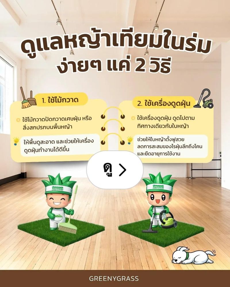 Lemon8 · อยากให้หญ้าเทียมสวยเหมือนใหม่? น้องกรีนนี่มีเคล็ดลับมาบอก! 🍃✨ · @GreenyGrass หญ้าเทียม