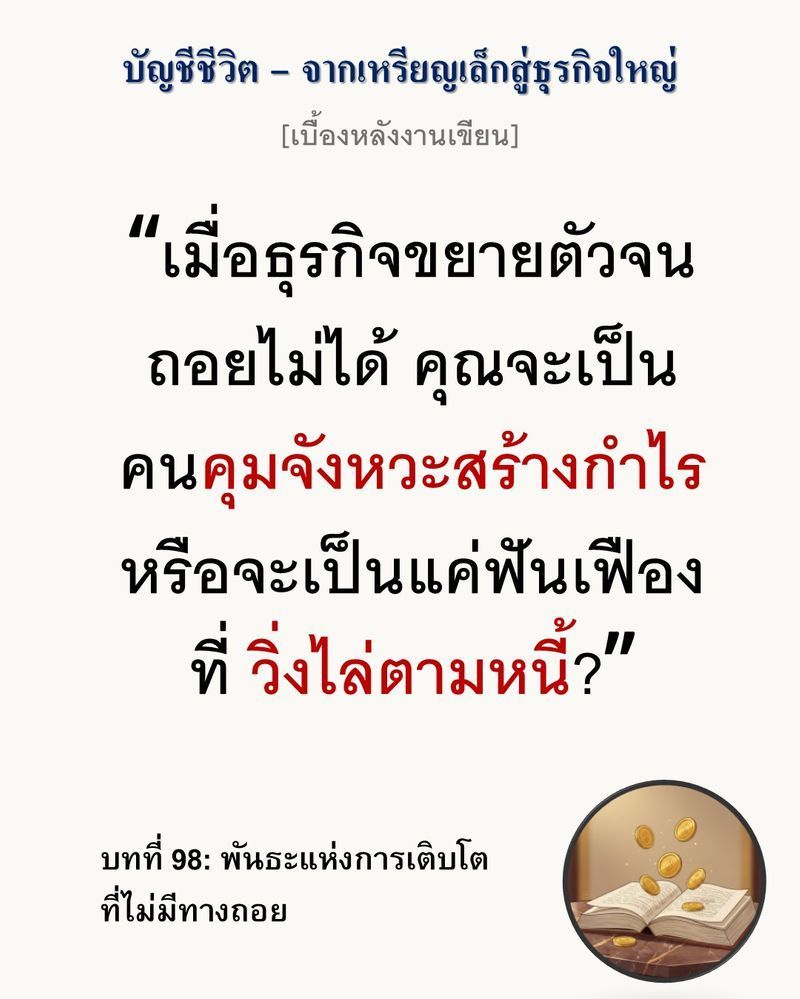 [มุมนิยายธุรกิจ] [เบื้องหลังงานเขียน — บทที่ 98: พันธะแห่งการเติบโตที่ไม่มีทางถอย]
”การขยายธุรกิจไม่ใช่การเพิ่มอิสรภาพ แต่มันคือการยอมรับพันธะสัญญาที่แลกมาด้วยความเสี่ยงที่สูงกว่าเดิม”