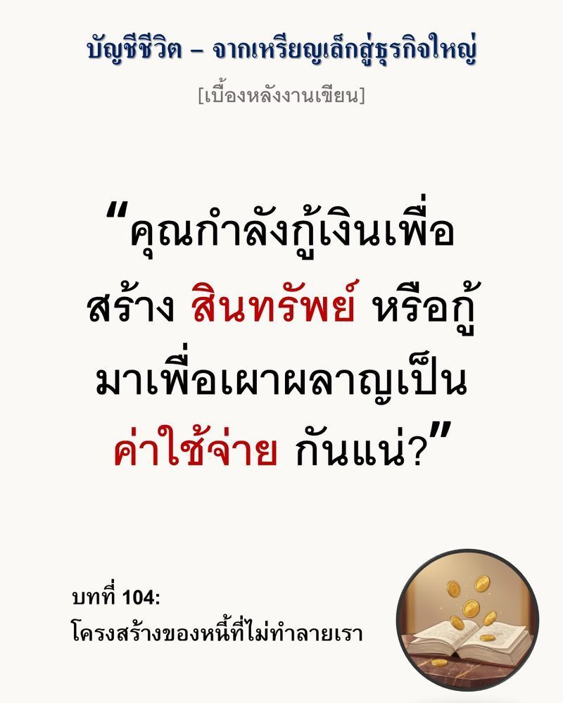[มุมนิยายธุรกิจ] [เบื้องหลังงานเขียน — บทที่ 104: โครงสร้างของหนี้ที่ไม่ทำลายเรา]
หนี้ที่ฆ่าคุณได้ ไม่ใช่หนี้ที่มีตัวเลขมหาศาล แต่คือหนี้ที่ไม่มีอะไรรองรับอยู่ข้างใต้เลย