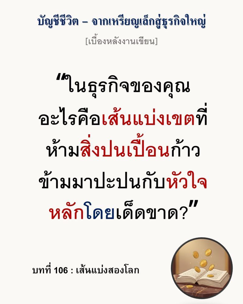 [มุมนิยายธุรกิจ] [เบื้องหลังงานเขียน — บทที่ 106: เส้นแบ่งสองโลก]
การพยายามประนีประนอมกับสิ่งปนเปื้อน คือจุดเริ่มต้นของการพังทลายของทั้งระบบการผลิต