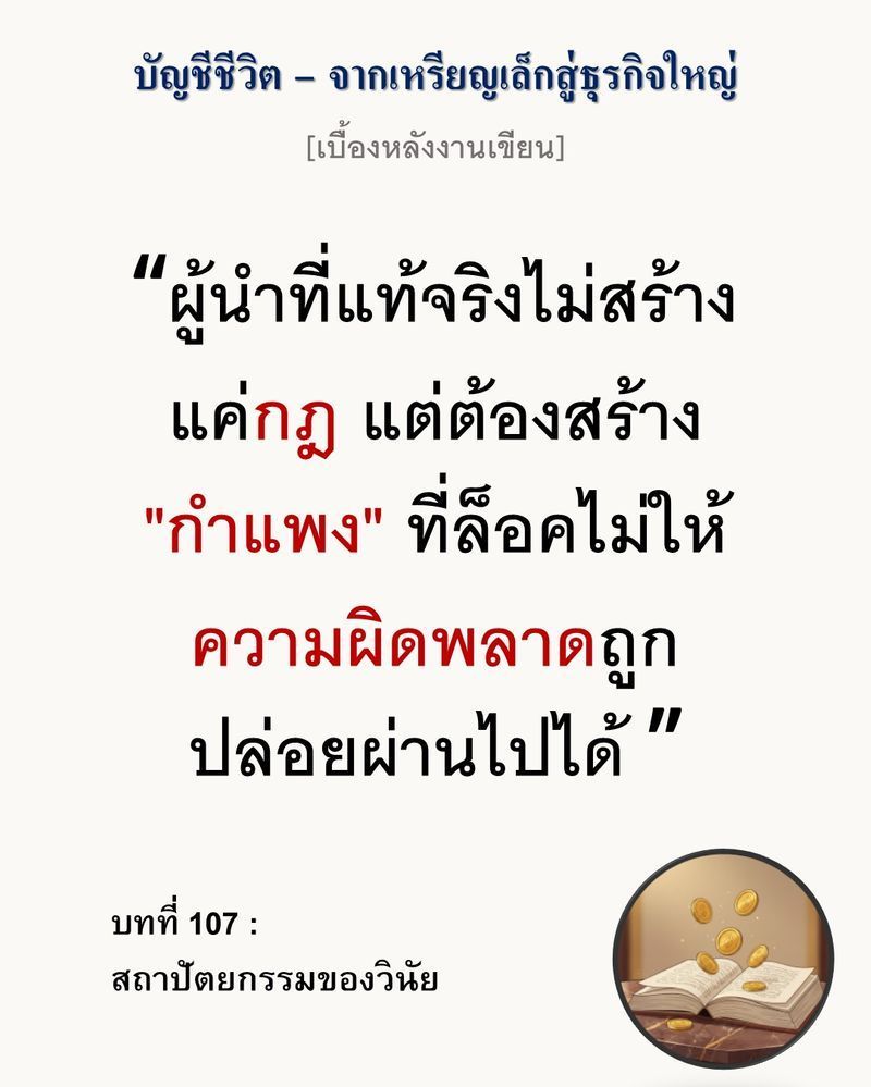 [มุมนิยายธุรกิจ] [เบื้องหลังงานเขียน — บทที่ 107: สถาปัตยกรรมของวินัย]
วินัยที่แข็งแกร่งที่สุด ไม่ได้เกิดจากการตะโกนสั่ง แต่เกิดจากการสร้างกำแพงที่ทำให้คน ”ไม่มีทางเลือก” ให้ทำผิด