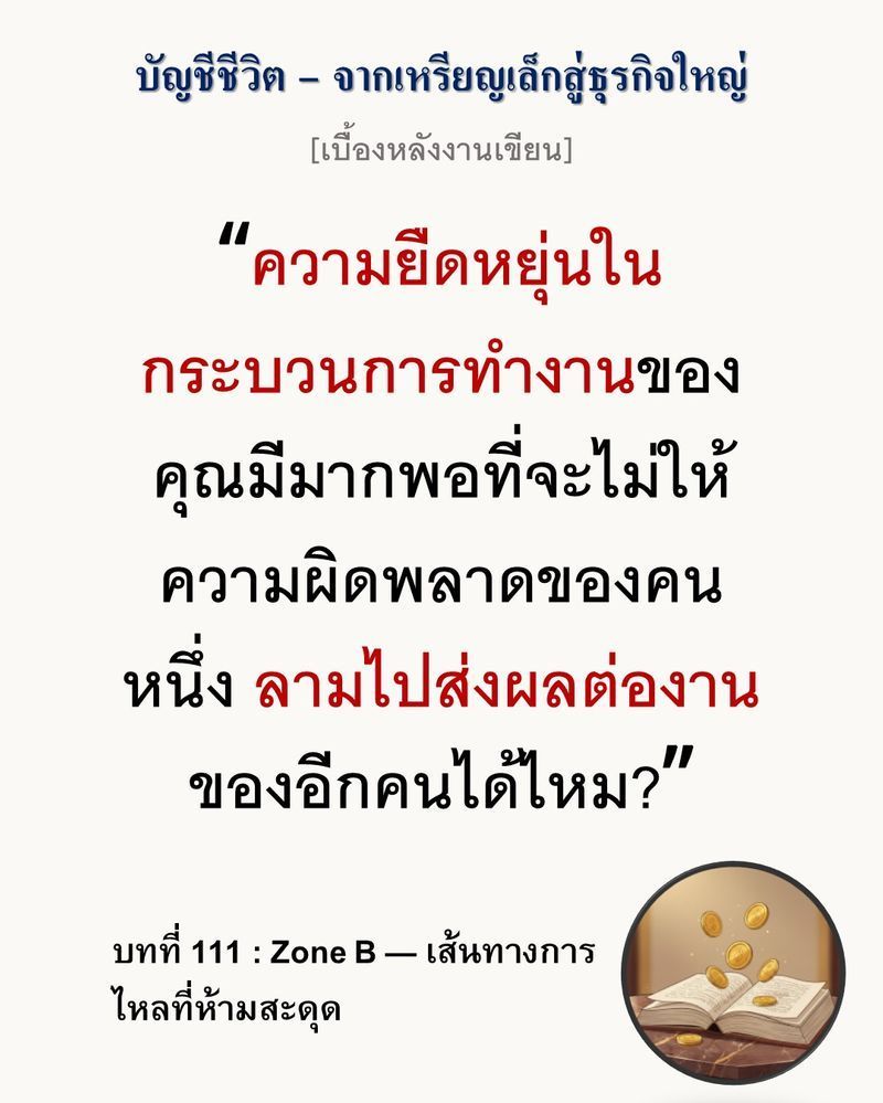[มุมนิยายธุรกิจ] [เบื้องหลังงานเขียน — บทที่ 111: Zone B — เส้นทางการไหลที่ห้ามสะดุด]
”การประหยัดพื้นที่ที่คุ้มค่าที่สุด คือการยอมเหลือที่ว่างไว้ให้ ‘จังหวะ’ ของงานได้หายใจ”