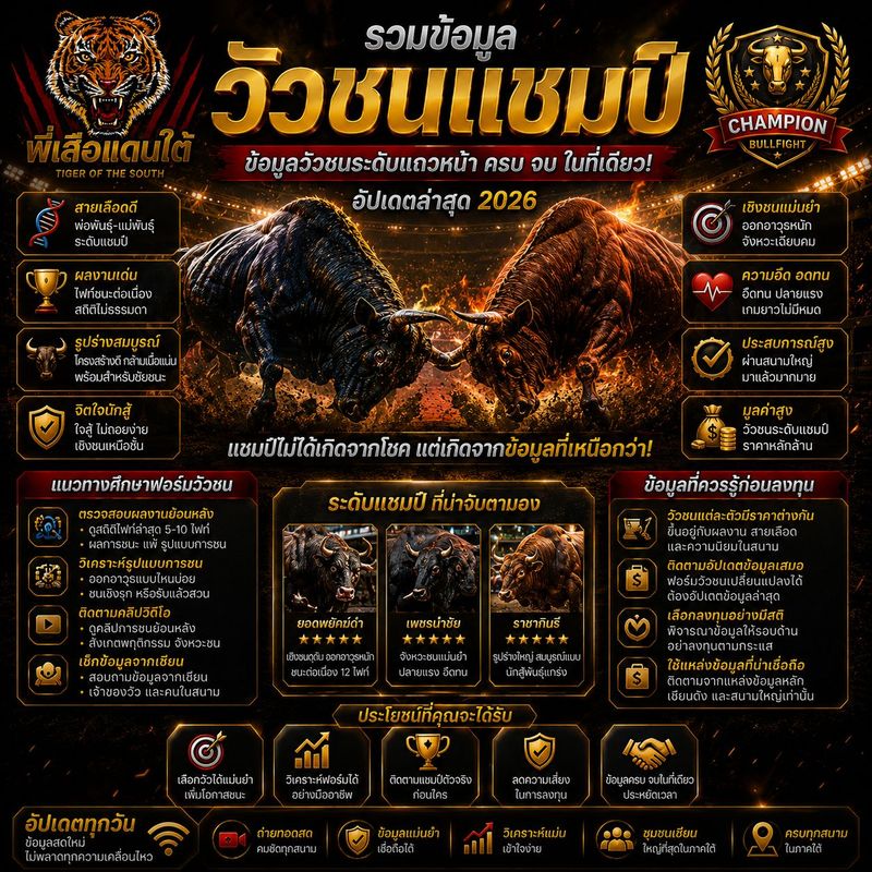 วัวชนแชมป์ รวมข้อมูลวัวชนระดับแถวหน้า พร้อมแนวทางศึกษาฟอร์ม