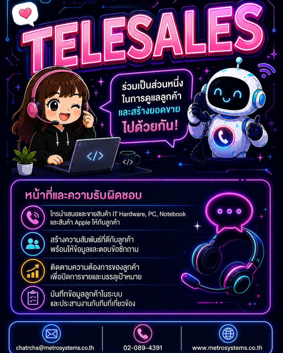 ร่วมงานกับ METRO SYSTEMS ในตำแหน่ง TELESALES (สินค้า IT Hardware & Apple)