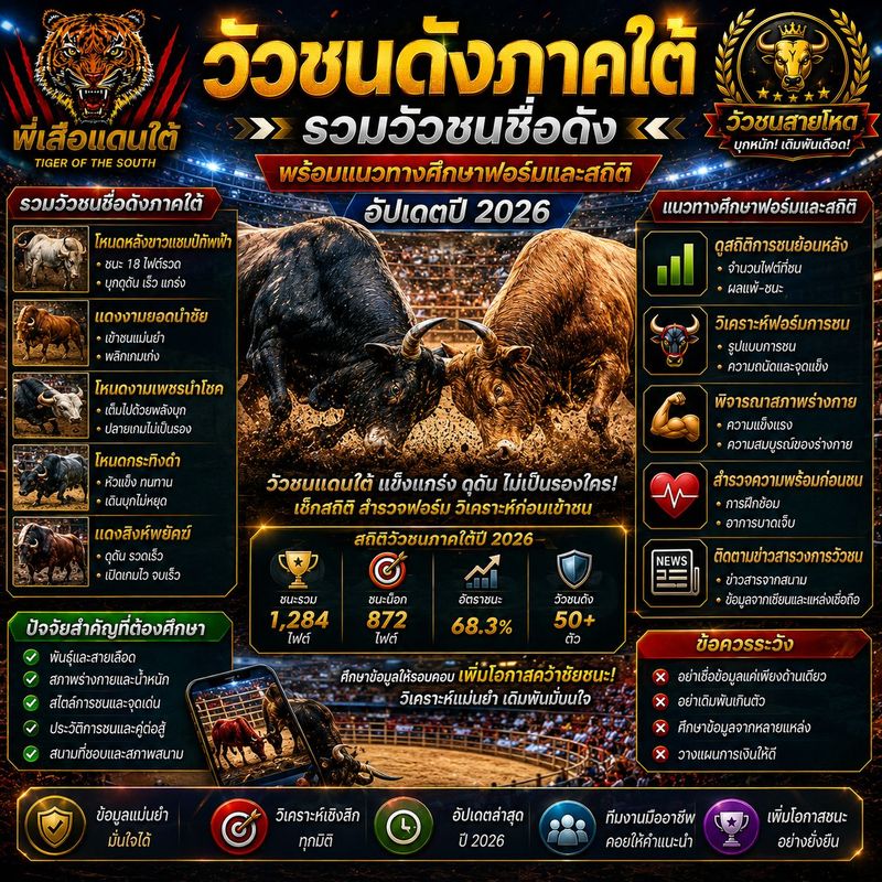 วัวชนดังภาคใต้ รวมวัวชนชื่อดัง พร้อมแนวทางศึกษาฟอร์มและสถิติ