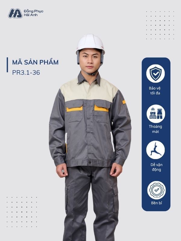 Mẫu Đồng Phục Bảo Hộ Lao Động Vải Kaki Protect 3.1 Mã 36 Màu Ghi Đậm