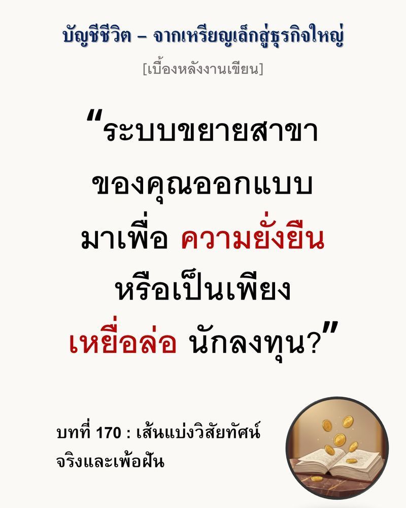 [มุมนิยายธุรกิจ] [เบื้องหลังงานเขียน — บทที่ 170: เส้นแบ่งวิสัยทัศน์จริงและเพ้อฝัน]
ผู้นำที่เป็นนักฝันแต่ไม่เข้าใจกฎฟิสิกส์ จะนำพาพนักงานไปยืนค้างอยู่บนดาดฟ้า โดยที่บันไดขั้นแรกยังไม่ได้สร้าง