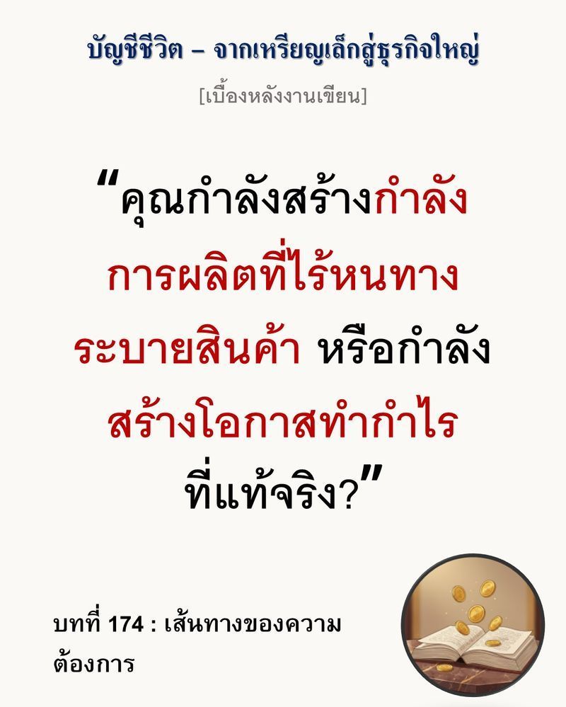 [มุมนิยายธุรกิจ] [เบื้องหลังงานเขียน — บทที่ 174: เส้นทางของความต้องการ]
การเพิ่มกำลังการผลิตโดยไม่มีทางออกของสินค้า (Distribution Channel) คือการสร้างคลังขนาดใหญ่เก็บเงินทุนจม