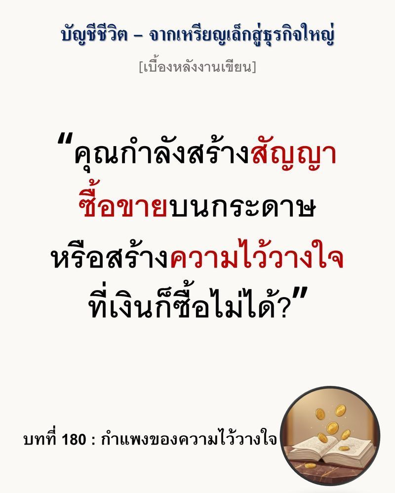 [มุมนิยายธุรกิจ] [เบื้องหลังงานเขียน — บทที่ 180: กำแพงของความไว้วางใจ]
“ความสัมพันธ์ที่ดีอาจช่วยให้คนอยากรักษาคำพูด แต่ไม่สามารถเอาชนะข้อจำกัดของความเป็นจริงได้เสมอไป”