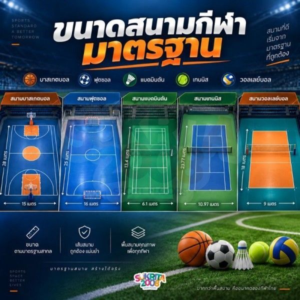 ขนาดสนามกีฬา มาตรฐาน แต่ละประเภท | บาส ฟุตซอล แบดมินตัน เทนนิส วอลเลย์บอล