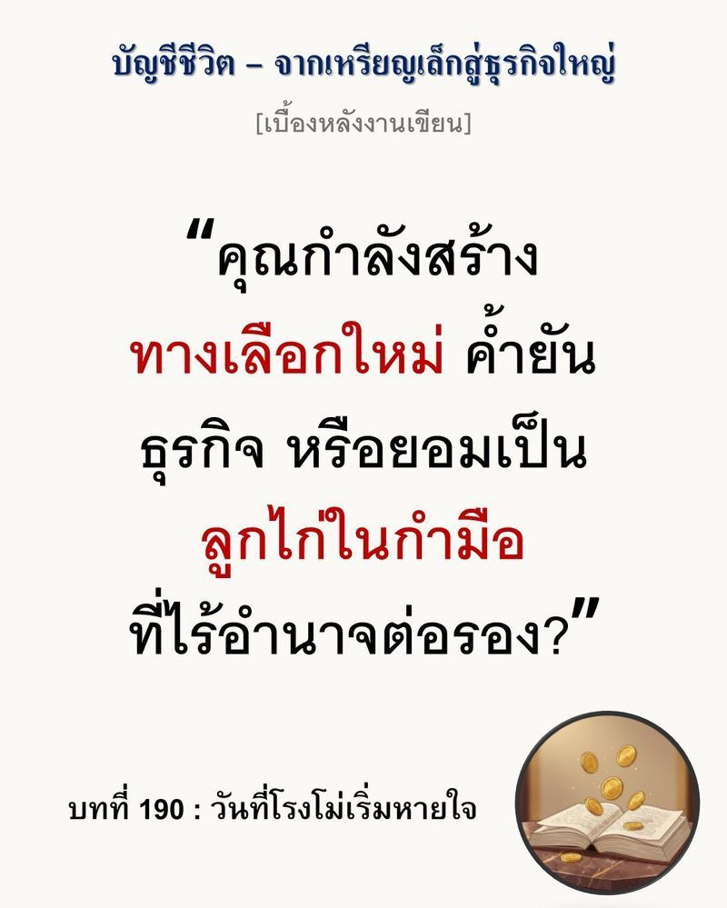 [มุมนิยายธุรกิจ] [เบื้องหลังงานเขียน — บทที่ 190: วันที่โรงโม่เริ่มหายใจ]
เมื่อคุณควบคุมกลไกการผลิตเอง อำนาจต่อรอง (Bargaining Power) ที่เคยจมดิ่งจะพลิกกลับมาอยู่ในมือทันที...