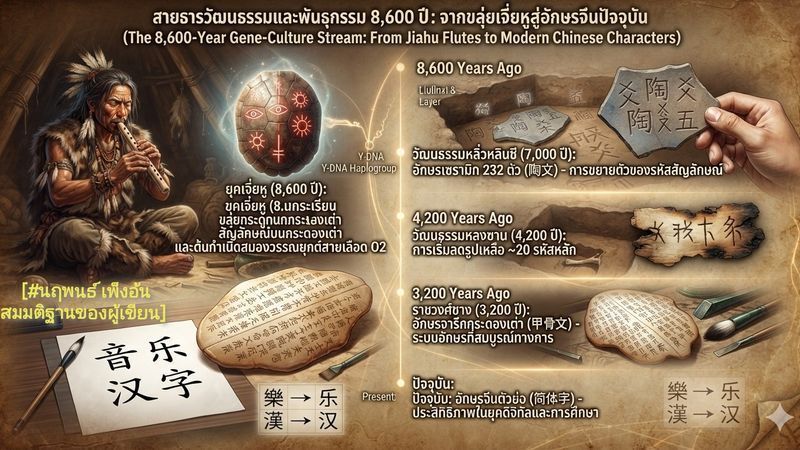 [”เจาะเวลาหาจีน: มองประวัติศาสตร์โลกกับ Jojo” ] จากเสียงขลุ่ยเจี่ยหูสู่อักษรภาพหยางเชา: พลวัตวิวัฒนาการร่วมระหว่างยีนและวัฒนธรรม (Gene-Culture Co-evolution) ในสายเลือด O2 ตลอดระยะเวลา 8,000 ปี
บทนำ (Introduction)