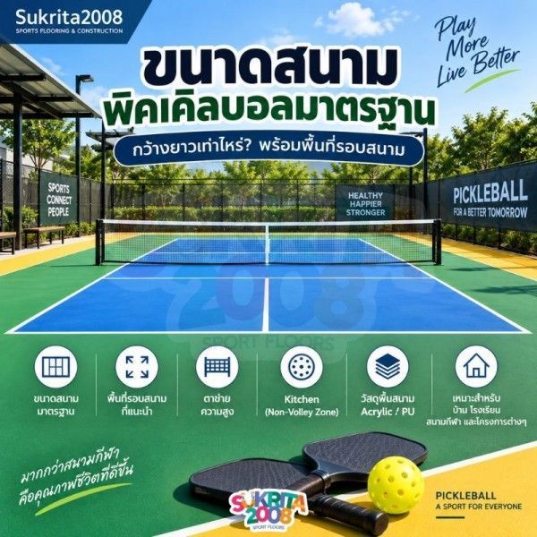ขนาดสนามพิคเคิลบอลมาตรฐาน พร้อมพื้นที่รอบสนาม | Sukrita2008